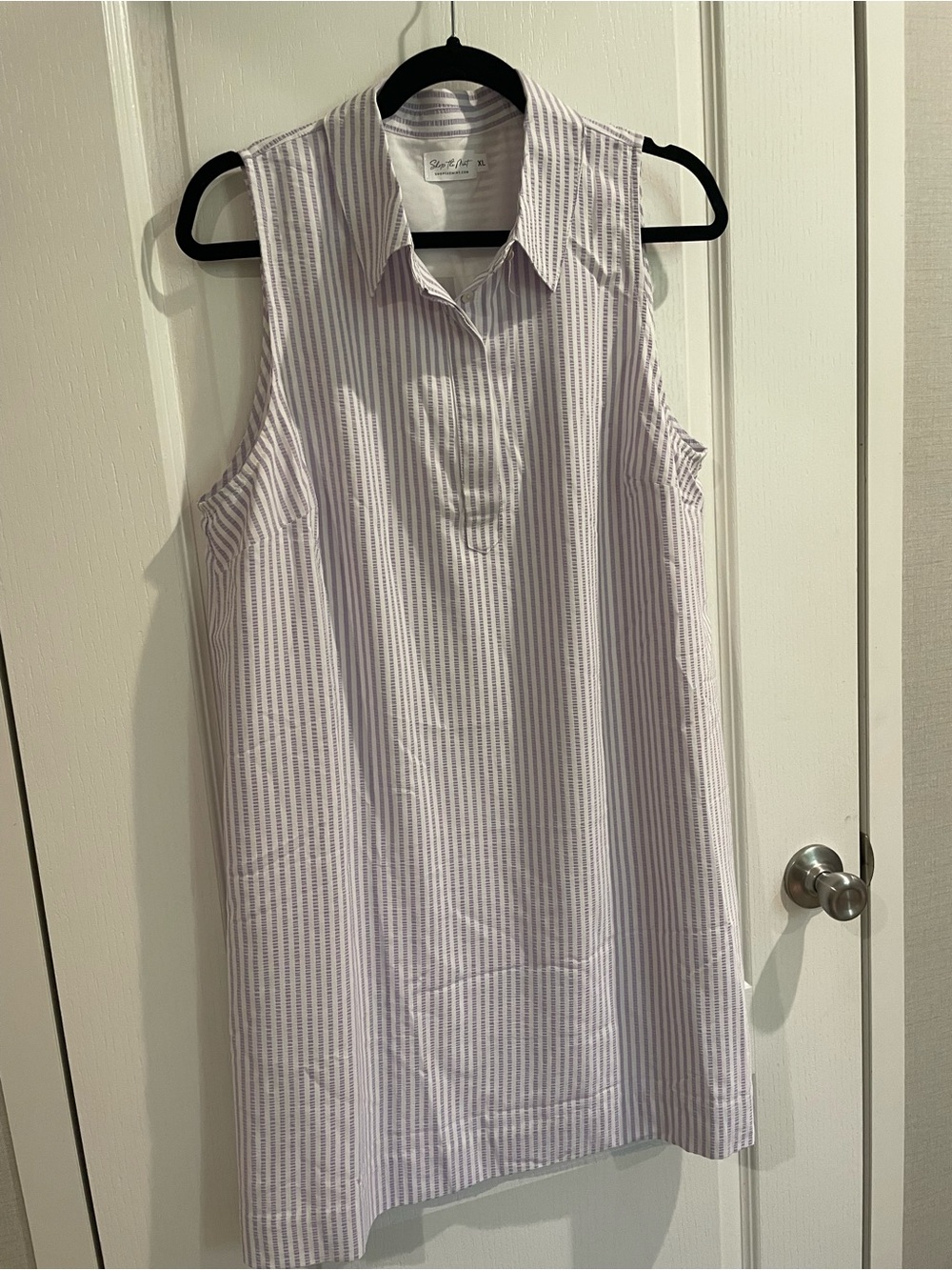 Sleeveless Collared Stripe Shift Dress - lavender and white